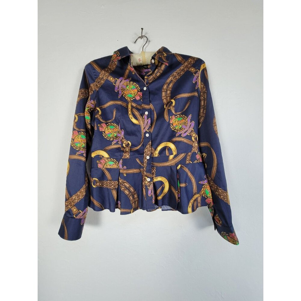Lauren Ralph Lauren Womens Equestrian Peplum Button Down Shirt Top Size 6P Navy